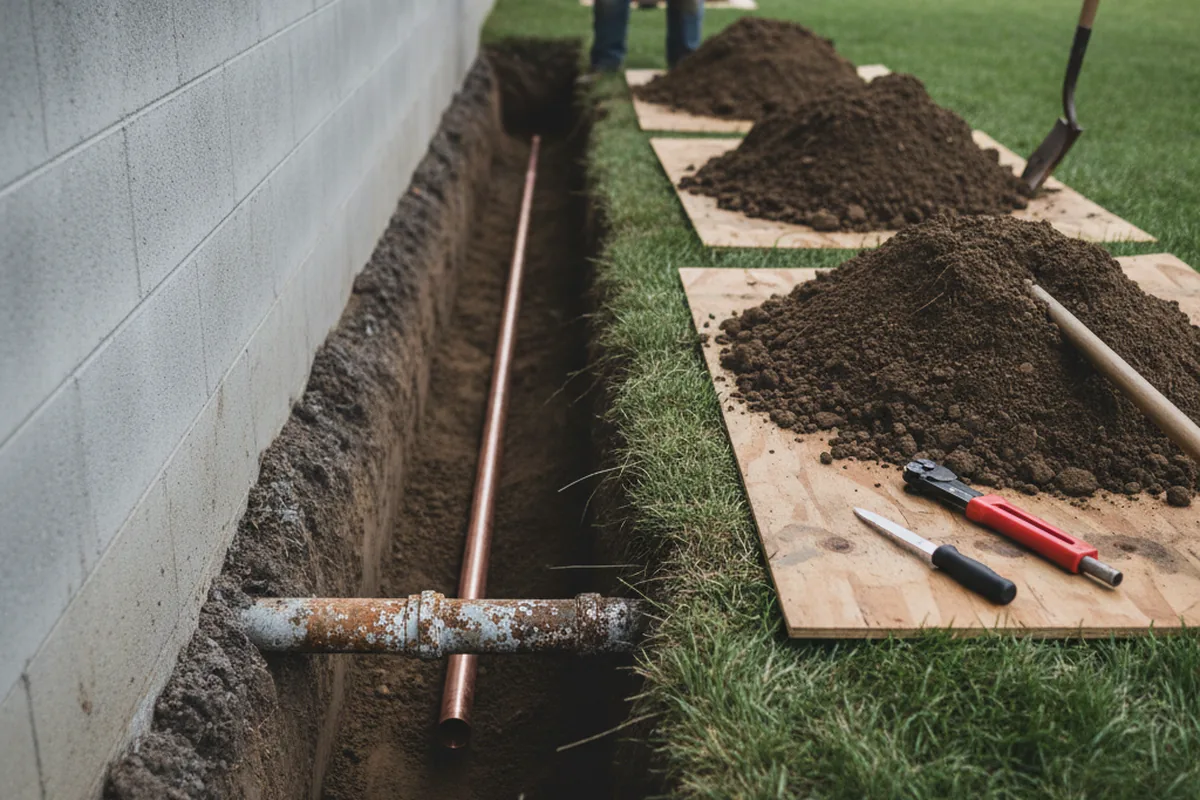 Excavated water line trench during Sewer Line Repair in White Rock